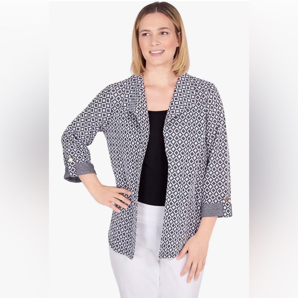 Ruby Rd. Black and White Textured Woven Jacquard Geometric Lightweight Cardigan